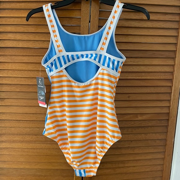 Speedo Girls Blue and Orange Stripe Blocked One Piece Swimsuit Sz 14 NWT - Picture 6 of 8